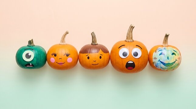 Flat lay of five painted pumpkins with funny faces in a row on pastel background for Halloween craft design