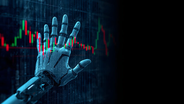 Robotic hand analyzing financial data on a digital screen, AI robot finger pointing at stock market charts, futuristic artificial intelligence trading
