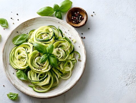 Zucchini noodles with basil and black pepper making a healthy, low-carb pasta alternative on white background