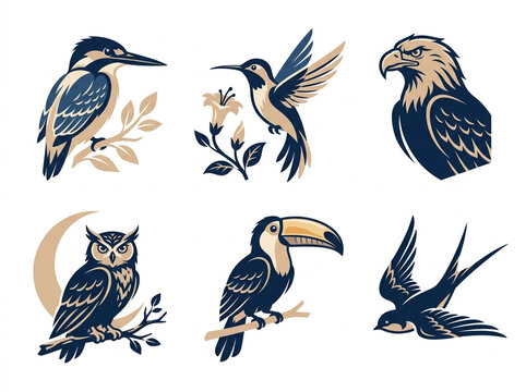 Six stylized bird emblems featuring kingfisher hummingbird eagle owl toucan and swallow.