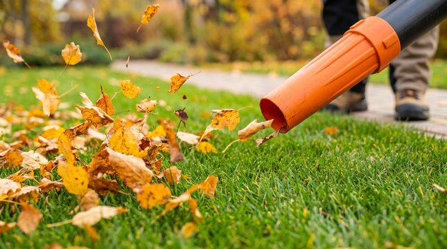 Autumn leaves blowing across green lawn from leaf blower nozzle in suburban garden daylight close up ground level view