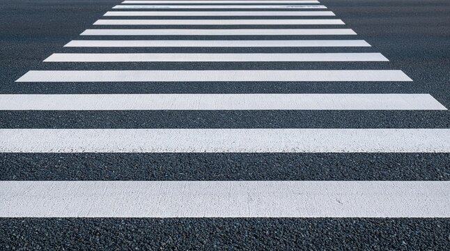 White zebra crossing stripes on dark asphalt road surface
