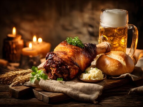 Roasted pork knuckle served with bread dumplings and beer glasses on a rustic wooden table