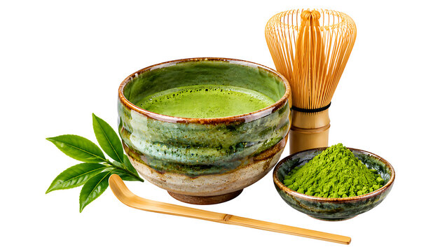 Japanese matcha green tea set with bowl whisk powder and spoon isolated on white background