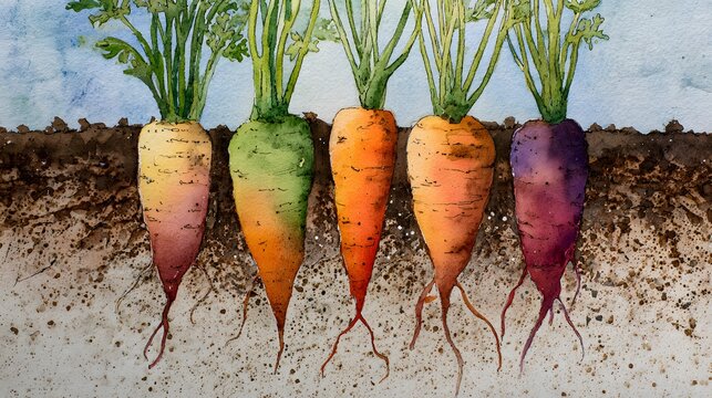 Root vegetables growing in soil watercolor illustration