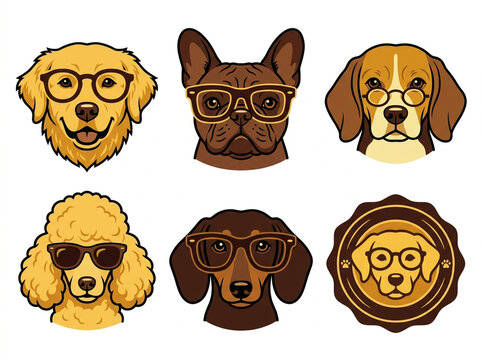 Six stylized dog portraits wearing modern eyeglass frames.