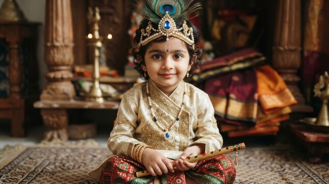 Young child dressed in traditional Indian costume with crown and flute