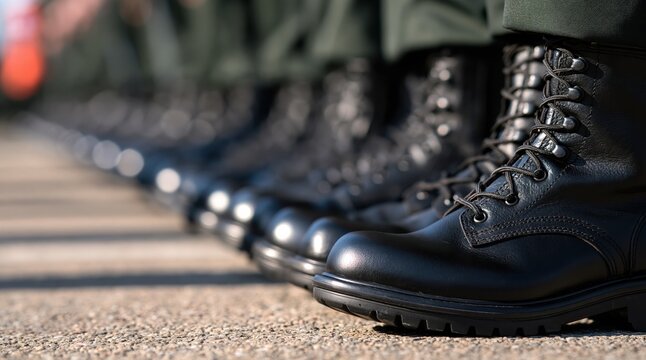 Row of black polished military boots on parade