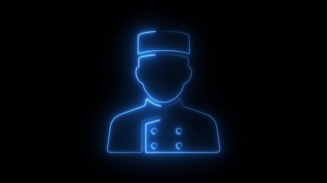 Glowing blue neon bellboy icon hotel porter concierge staff symbol dark background.