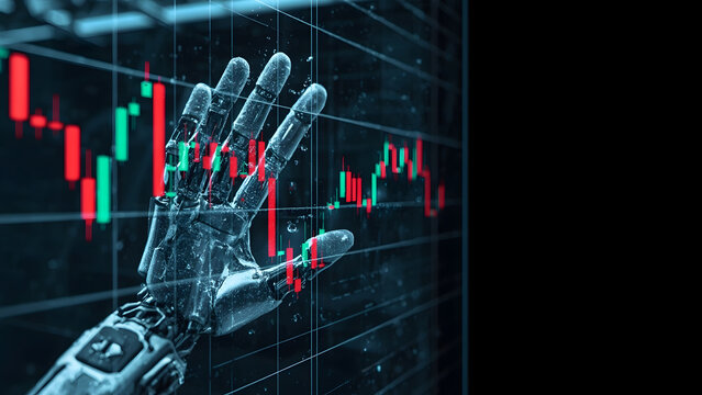 Robotic hand analyzing financial data on a digital screen, AI robot finger pointing at stock market charts, futuristic artificial intelligence trading