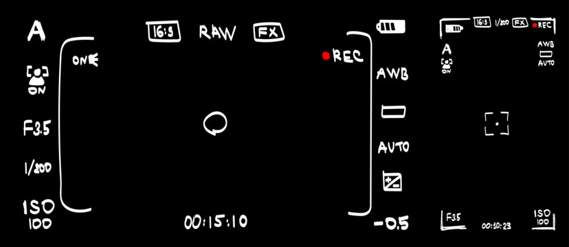 Mobile phone and DSLR camera rec overlay pack in hand drawn doodle style isolated on black bg. Recorder cam display. Video or photo recording screen. Viewfinder Layout template. Vector illustration