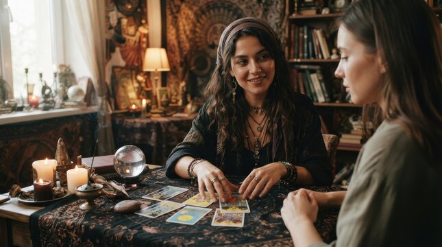 Woman tarot reader doing a reading for a client in a mystic room