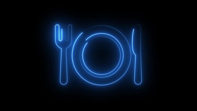 Glowing blue neon plate fork knife icon cutlery food dining restaurant symbol dark background.