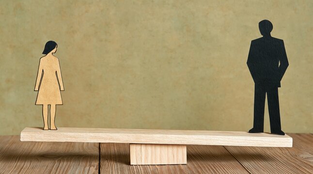 Wooden man and woman figures standing on balanced seesaw representing gender equality