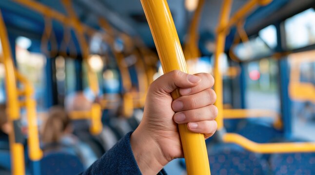 Close up of hand gripping yellow pole inside public transport bus
