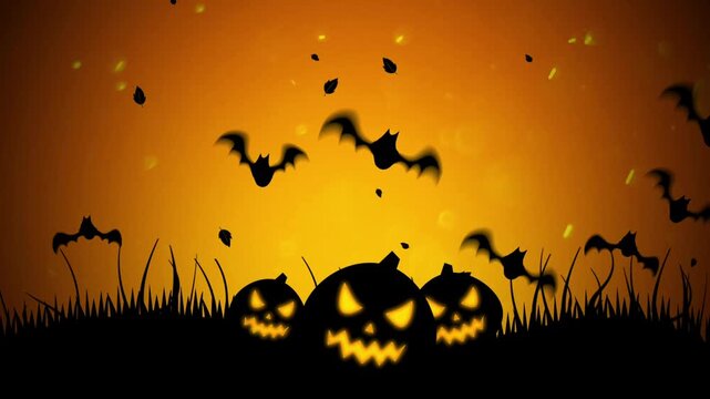 Spooky Halloween background with glowing jack-o'-lantern pumpkins, swarming bats, and falling leaves animation