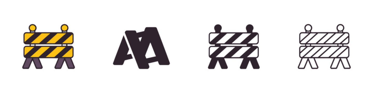 Road barrier stop icons featuring construction barricades in outline, solid, and striped styles for traffic safety, roadwork, warning signs, and vector graphics.