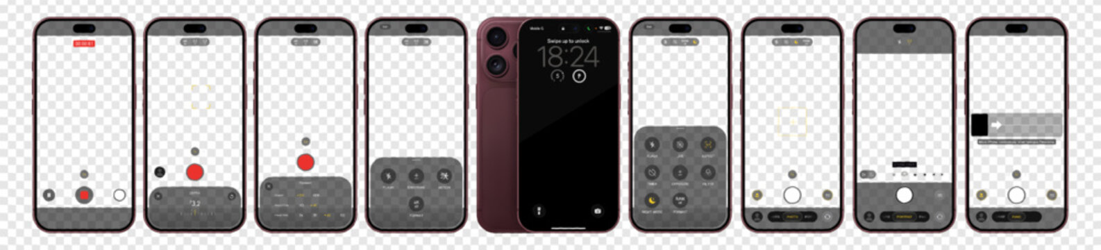 Photorealistic detailed phone photo and camera camera interface overlay mockup isolated on transparent background. 2026 template design. Vector illustration