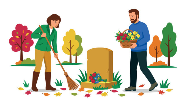 Woman and man visit gravestone and tend to the memorial site, sweeping fallen autumn leaves and bringing fresh flowers to honor a loved one.