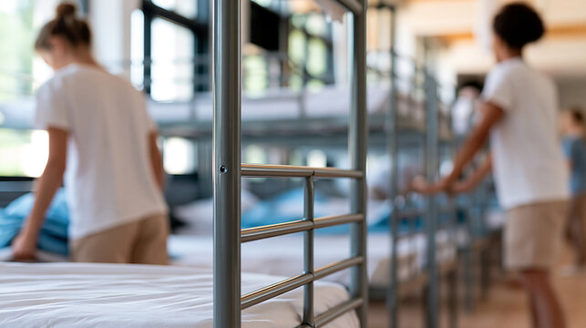 Faceless group of shelter staff preparing beds for the night, community support and housing concept, bright indoor documentary photography, defocused dormitory rows, social