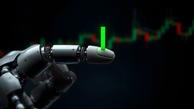 Robotic hand analyzing financial data on a digital screen, AI robot finger pointing at stock market charts, futuristic artificial intelligence trading