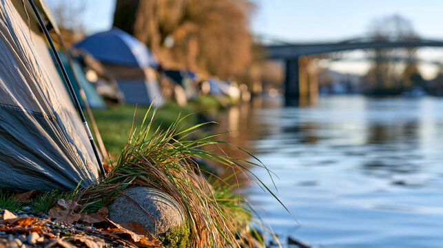 Row of makeshift tents along a riverbank at sunrise, faceless wide establishing shot, homeless encampment concept, documentary landscape photography, defocused water reflections,