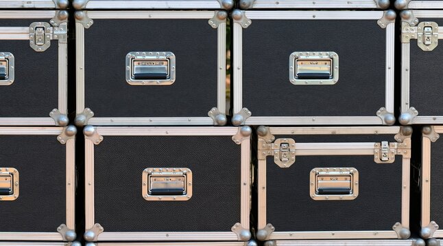 Stacked professional road cases for equipment storage and transport