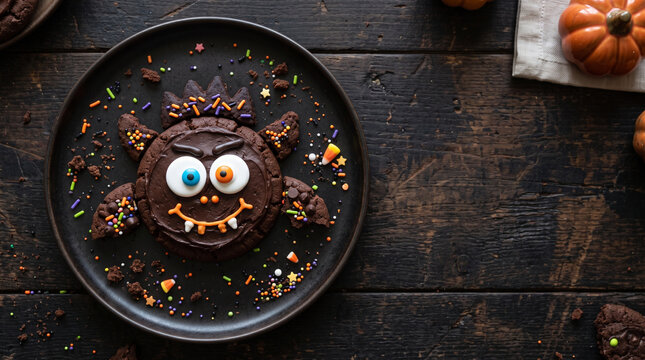 Cute Handmade Halloween Monster Chocolate Cookie on a Plate