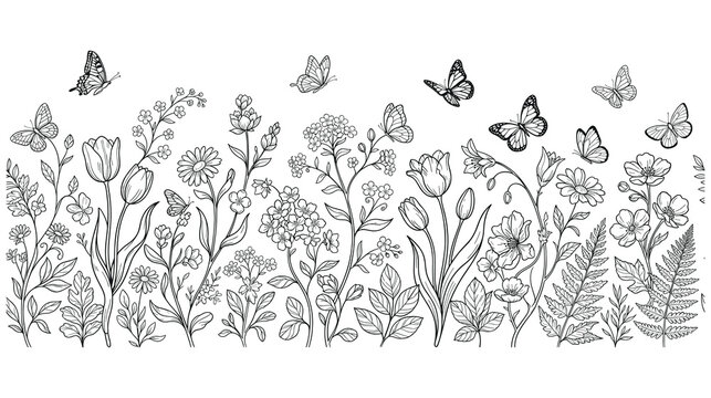 Detailed floral pattern with blooming wildflowers and butterflies.