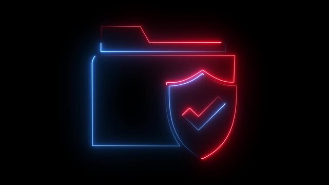 Glowing red blue neon folder shield icon secure data privacy protection symbol dark background.