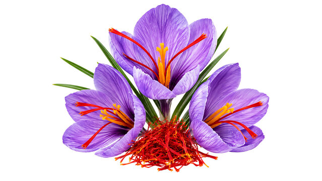 Saffron crocus purple flowers with vivid red spice threads isolated on white background