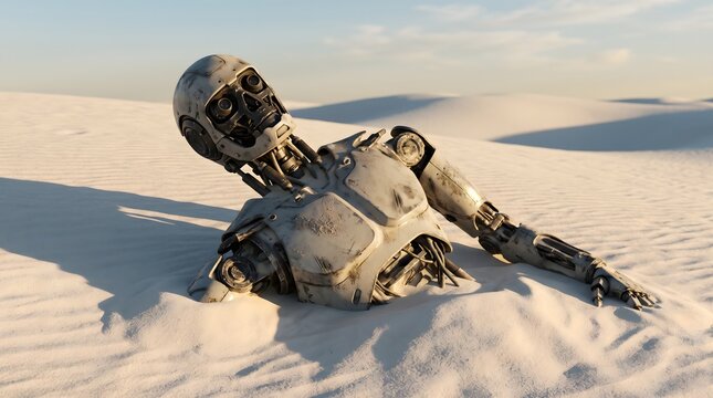 Weathered metallic robot lying partially buried in vast snow-covered landscape with extended arm, rust stains, and mechanical details under pale blue sky.