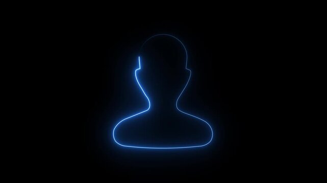 Blue neon user profile icon on dark background, glowing person avatar symbol.