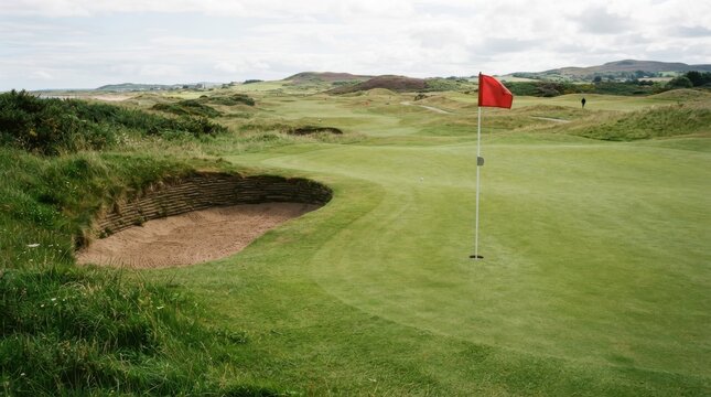 Golf course green with a red flag and bunker