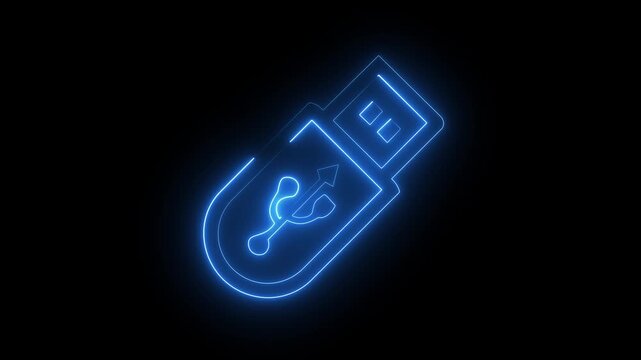 Blue neon usb flash drive icon on dark background, glowing pen drive memory storage symbol.