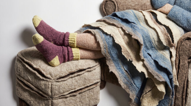 Cozy feet in colorful socks resting on a soft ottoman  