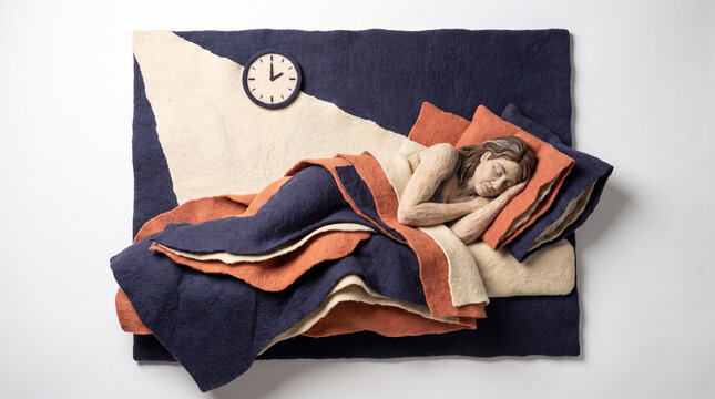 Woman sleeping peacefully under blankets with a clock on the wall  