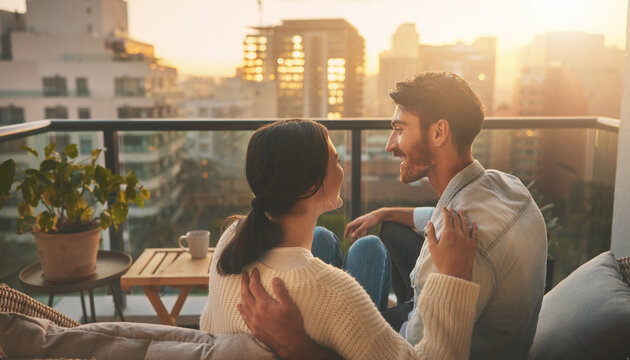 Couple Happy About Their Future. Lifestyle photograph of a young South Asian couple sitting together on a balcony, smiling while looking toward the city skyline