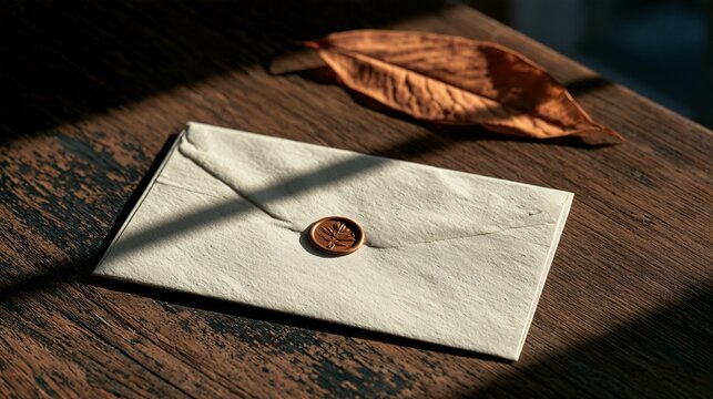 A softly distressed gray-brown autumn wooden table texture carries a single cream envelope sealed with a small bronze wax emblem, accompanied by one dried leaf and diffused window light