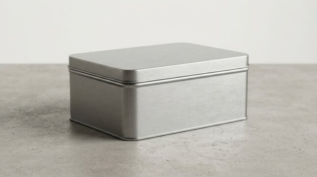Closed rectangular metal tin box on a textured grey surface
