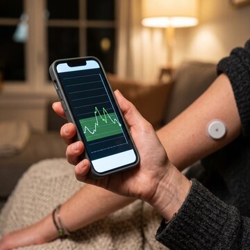 Hand holding a smartphone displaying a continuous glucose monitor health chart with a sensor on the arm