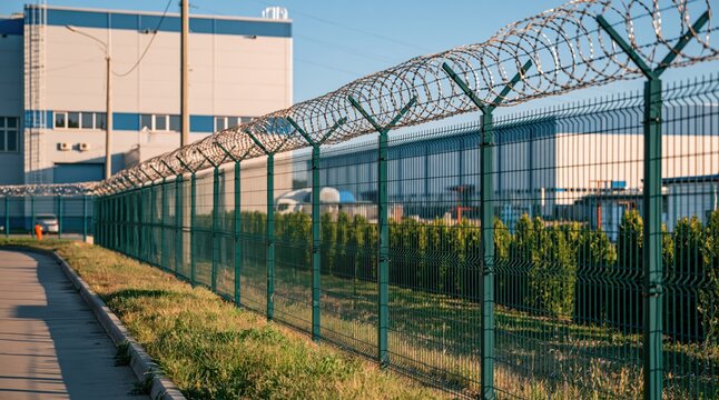 Green security metal fence with razor wire in front of industrial warehouse