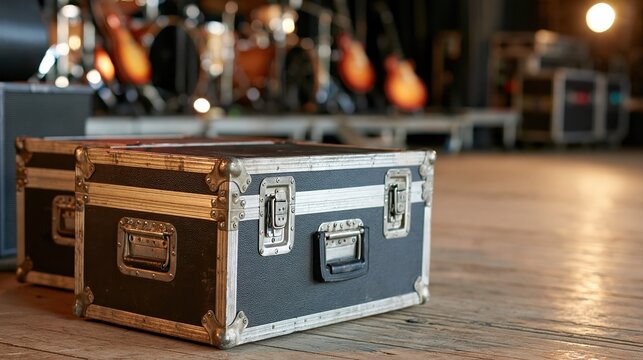Black flight cases on wooden stage floor with blurred musical instruments in background