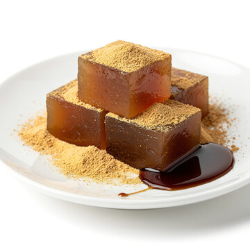 Translucent amber warabi mochi cubes covered in fine roasted soybean powder with a small pool of dark kuromitsu syrup.