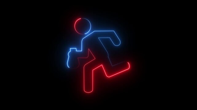 Red and blue neon thief icon on dark background, glowing burglar running with loot bag crime symbol.