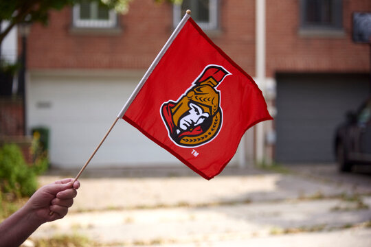 A hand waving an Ottawa Senators flag
