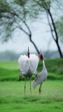 Pair of Sarus Cranes Performing Mating Call and Display in Green Meadow