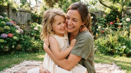 Fototapeta premium Happy mother and daughter hugging in a sunny garden