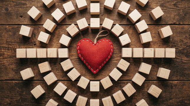Red heart surrounded by wooden blocks on a desk perfect for romantic love concepts healthcare protection valentines day and emotional support