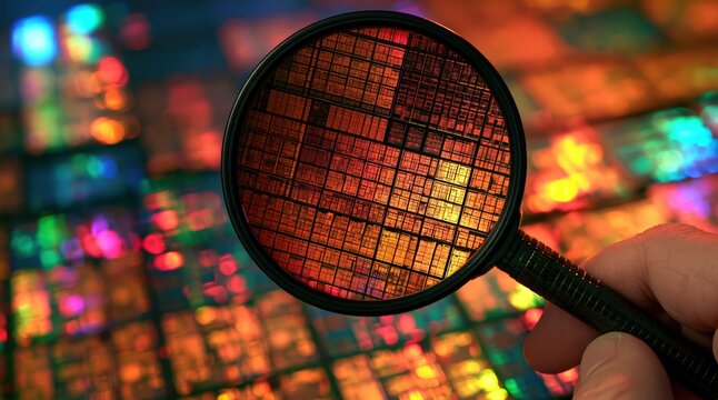 magnifying glass examining silicon wafer with computer microchips